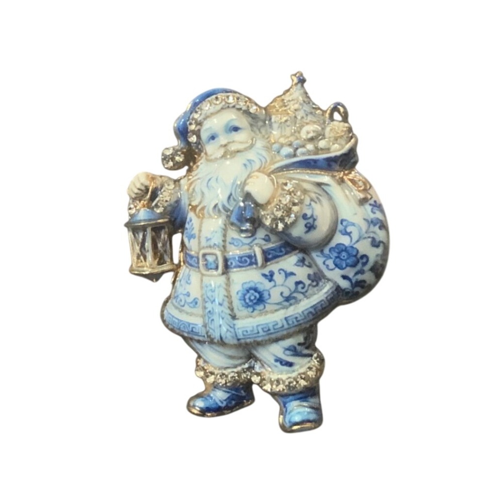 Vintage Chinoiserie Blue White Santa Claus Brooch Pin Rhinestone  Enamel